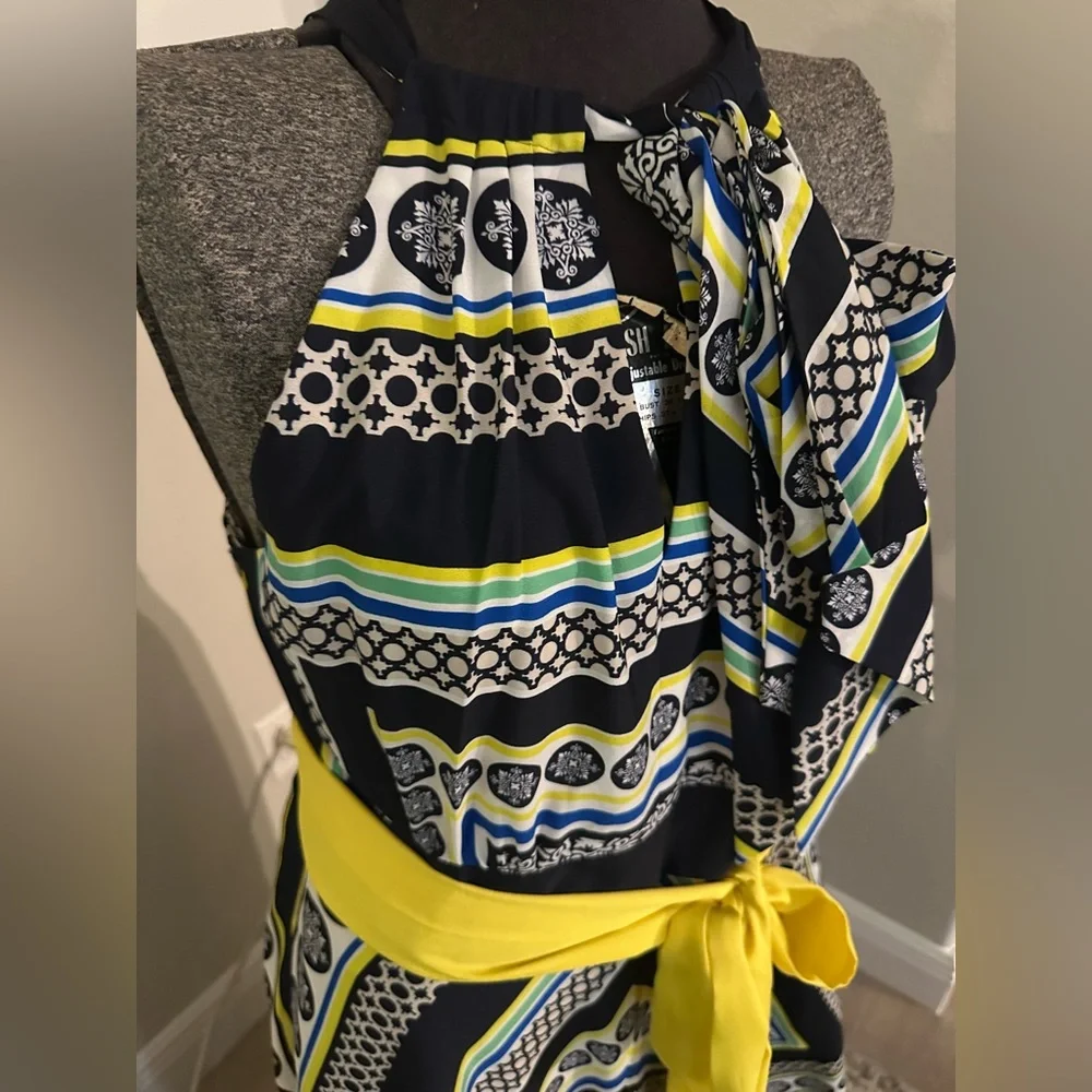 Eliza J NWOT blue and yellow handkerchief halter dress - Picture 3 of 6